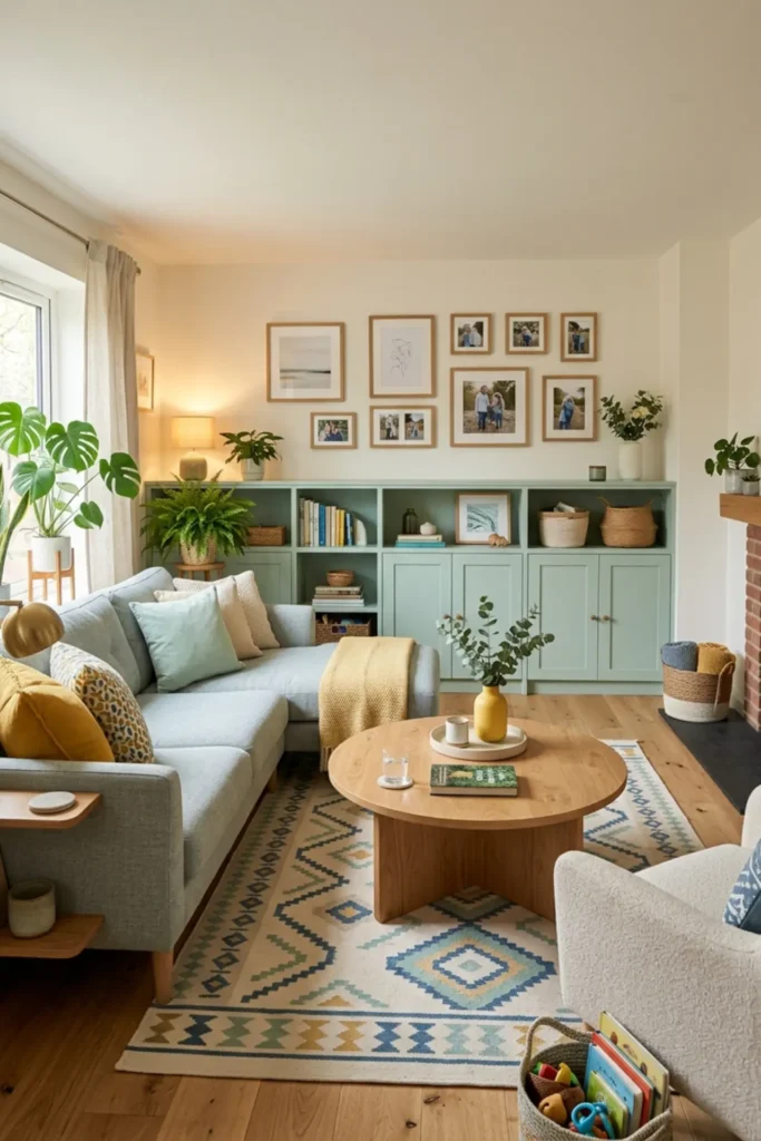 Family-friendly yellow and mint living room with practical storage