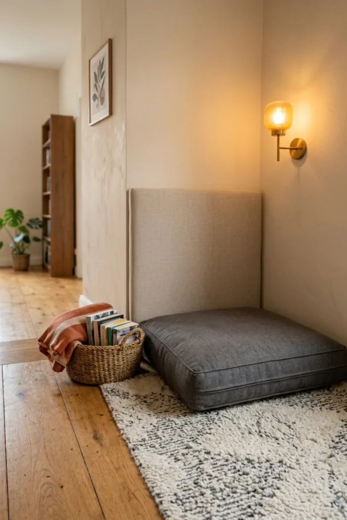 Casual small-space reading nook with a supportive floor cushion