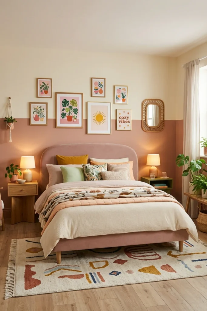 Colorful bedroom with a two-tone painted wall behind the bed