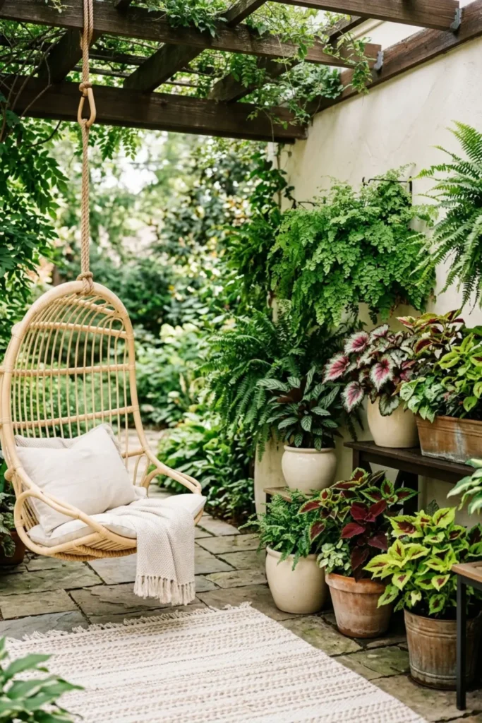 Shaded patio garden with a light hanging chair and foliage plants