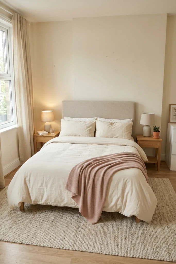 Rental bedroom upgraded with better bedding and a freestanding headboard