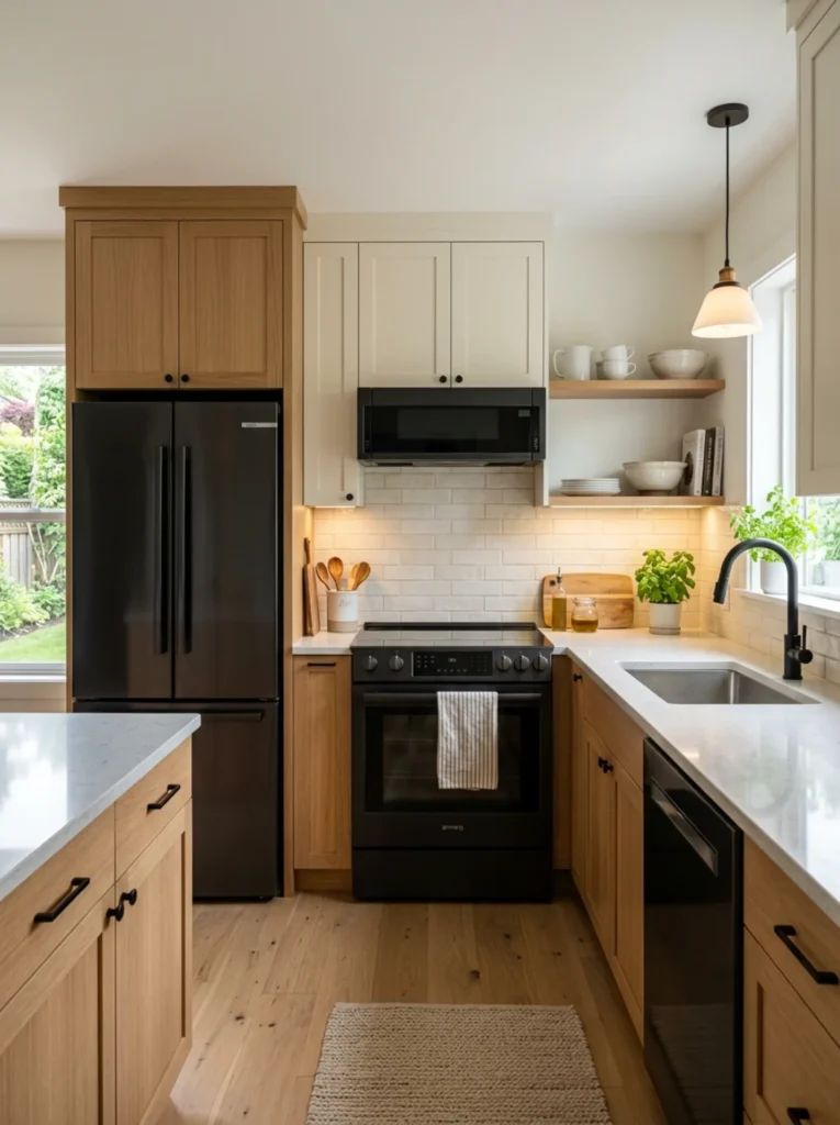 White oak small kitchen with black appliances integrated into the palette