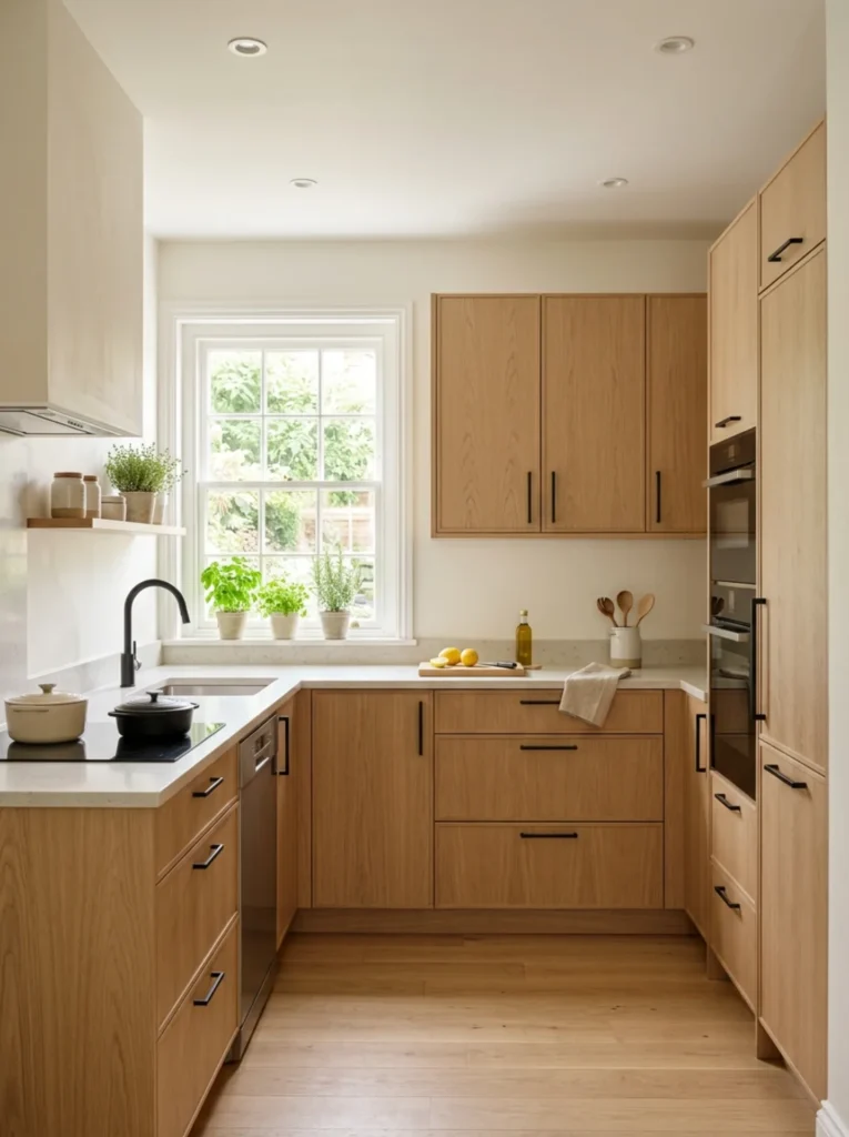 White oak small kitchen with slim matte black cabinet hardware