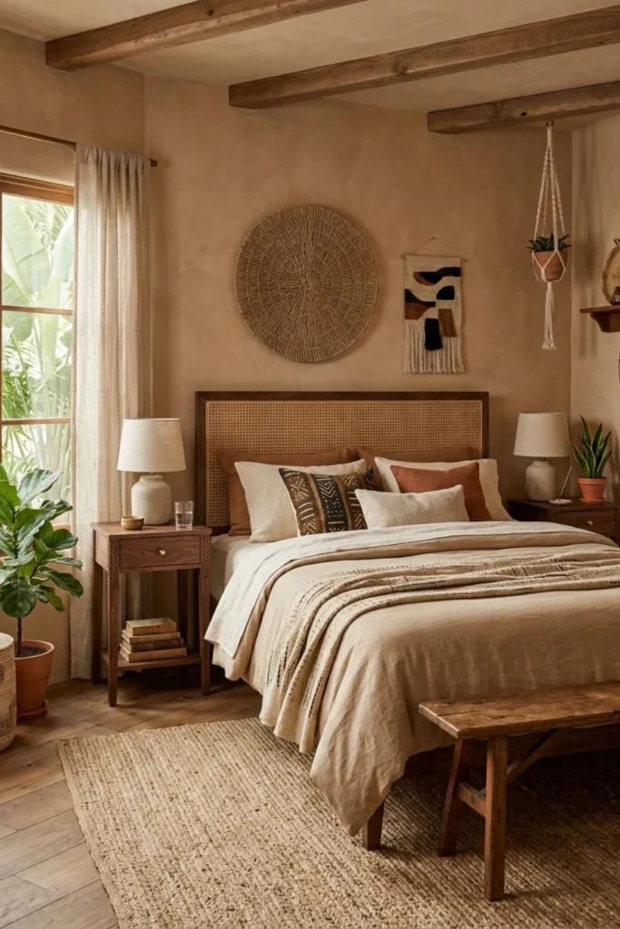 Afrohemian bedroom with slim carved wood nightstands beside the bed