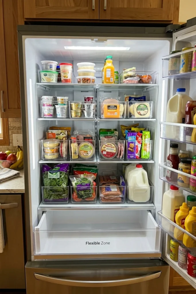Refrigerator clear bins organizing food in original packaging