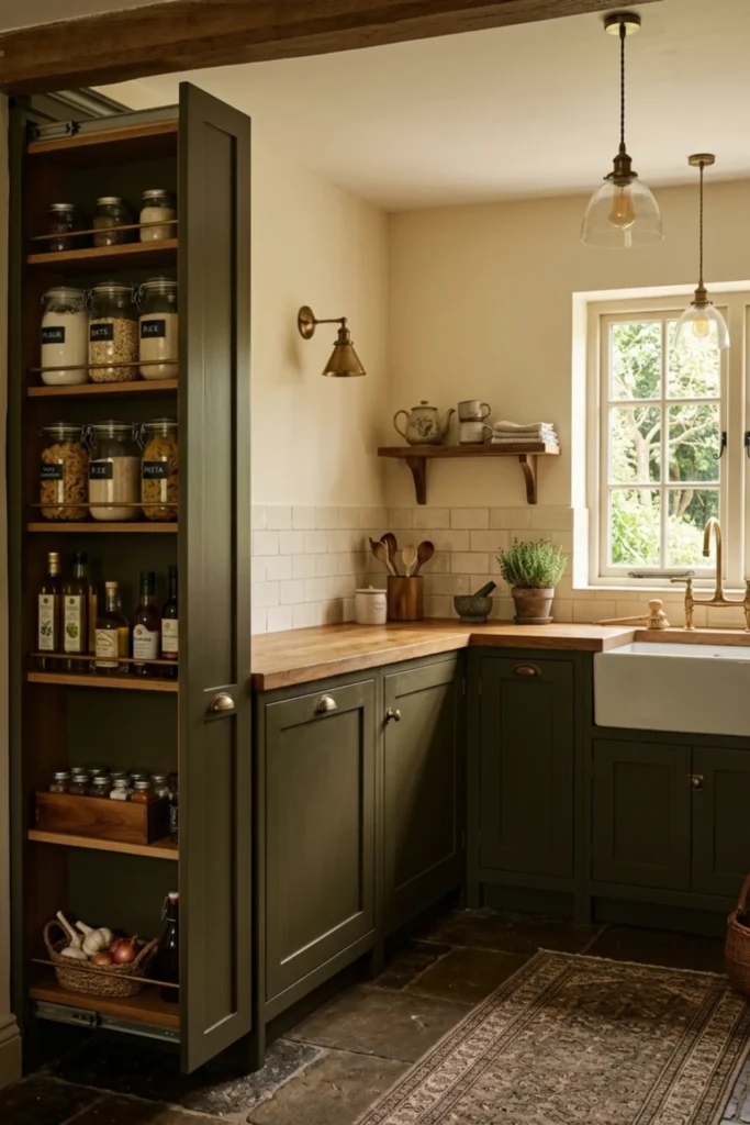 Dark cottagecore small kitchen with clear counters and closed storage