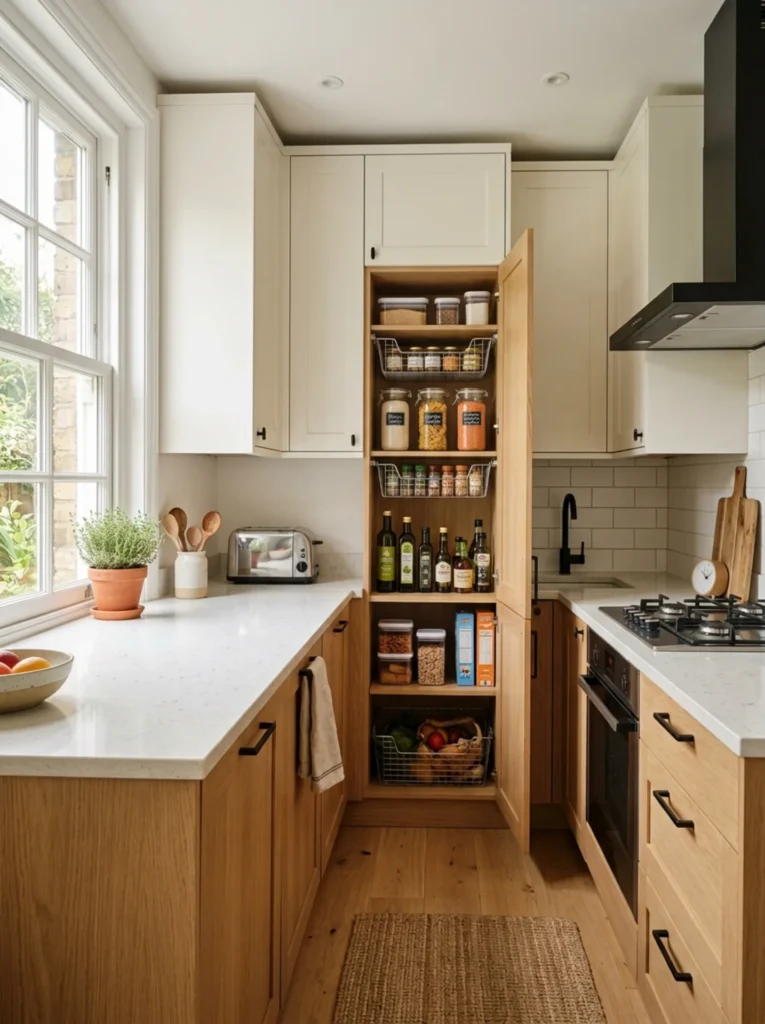 White oak and black small kitchen with clear counters and closed storage