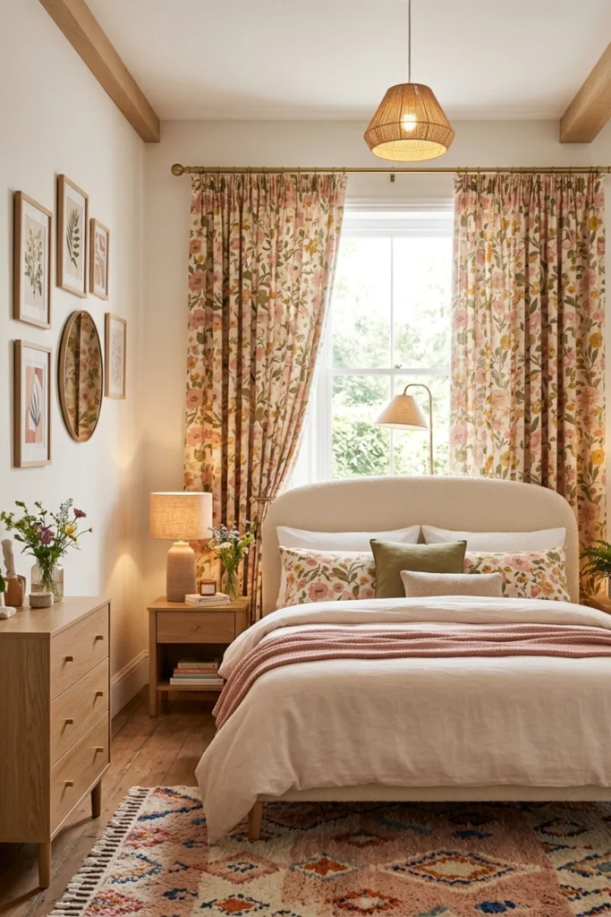Funky bedroom with bold colored floor-length curtains