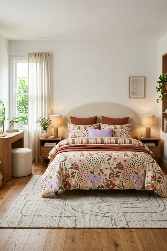 Funky bedroom with colorful patterned bedding