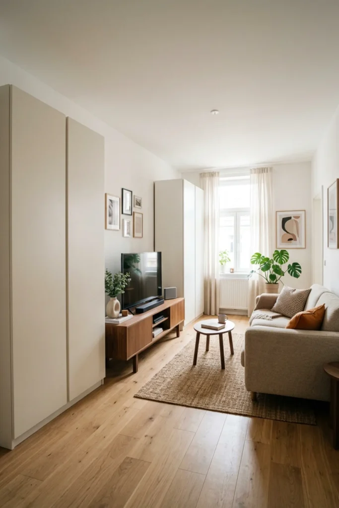 Rental apartment with freestanding storage that looks built-in