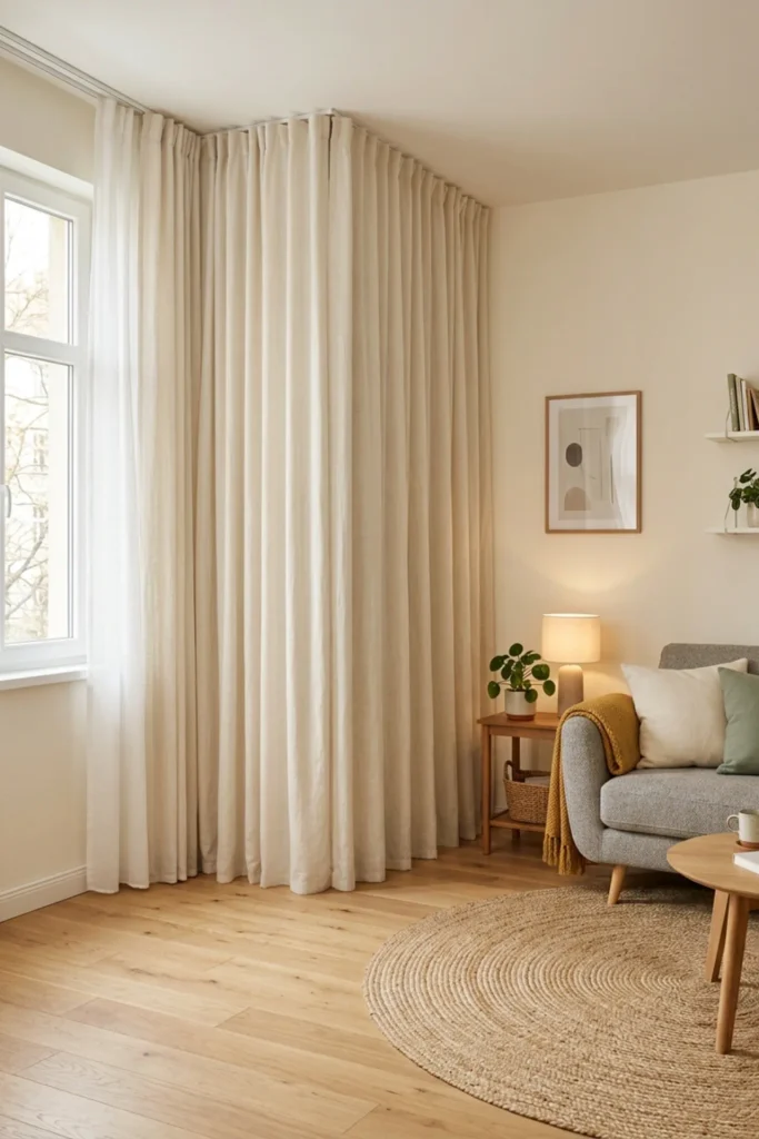 Small apartment storage hidden behind full-height curtains