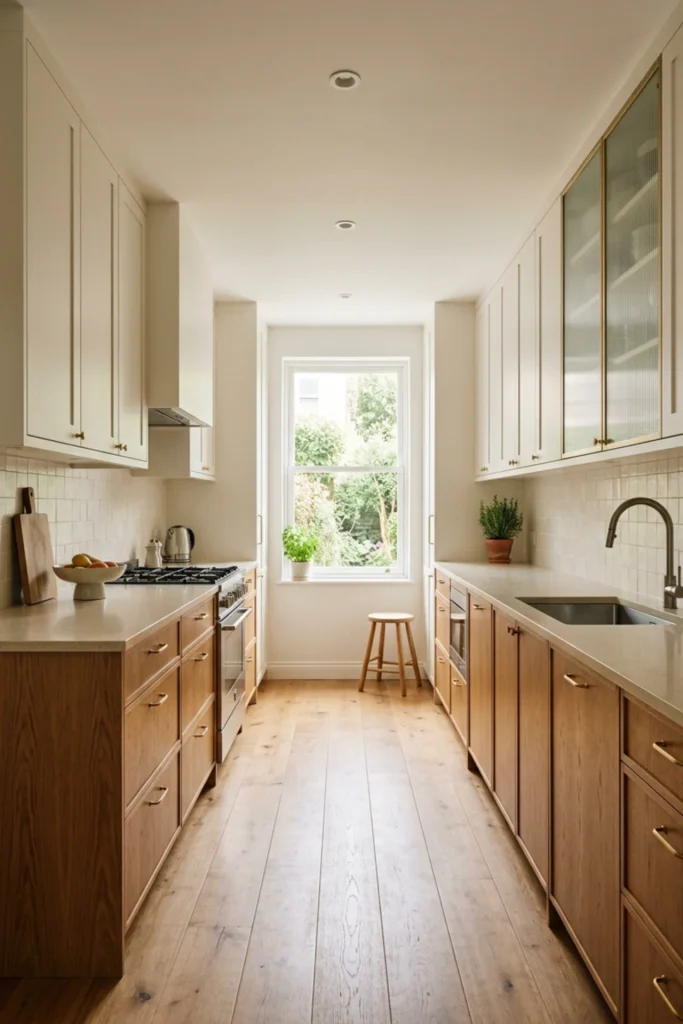 Small galley kitchen with one glass-front cabinet section