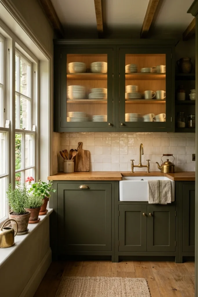 Dark cottage kitchen with a small section of glass-front cabinets