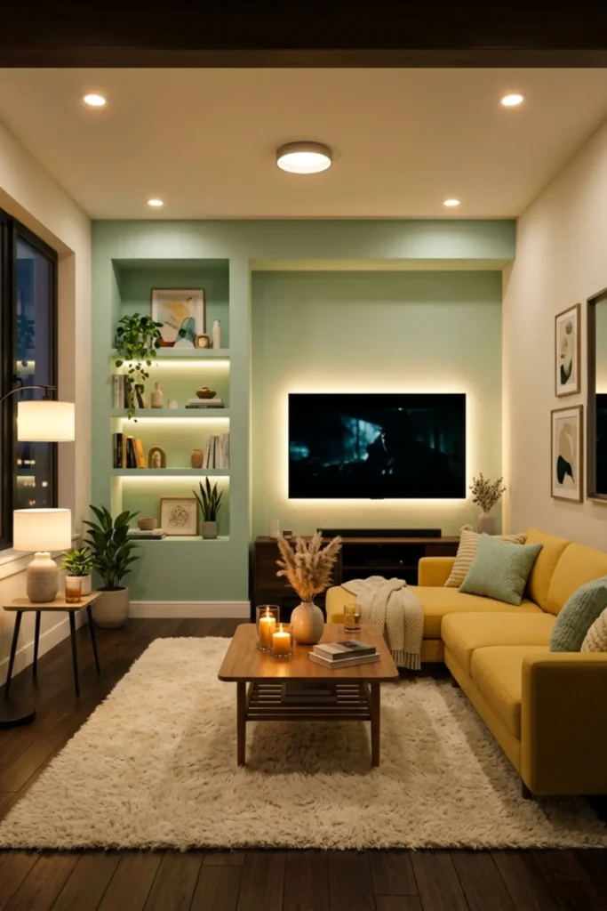 Cozy yellow and mint living room with layered evening lighting