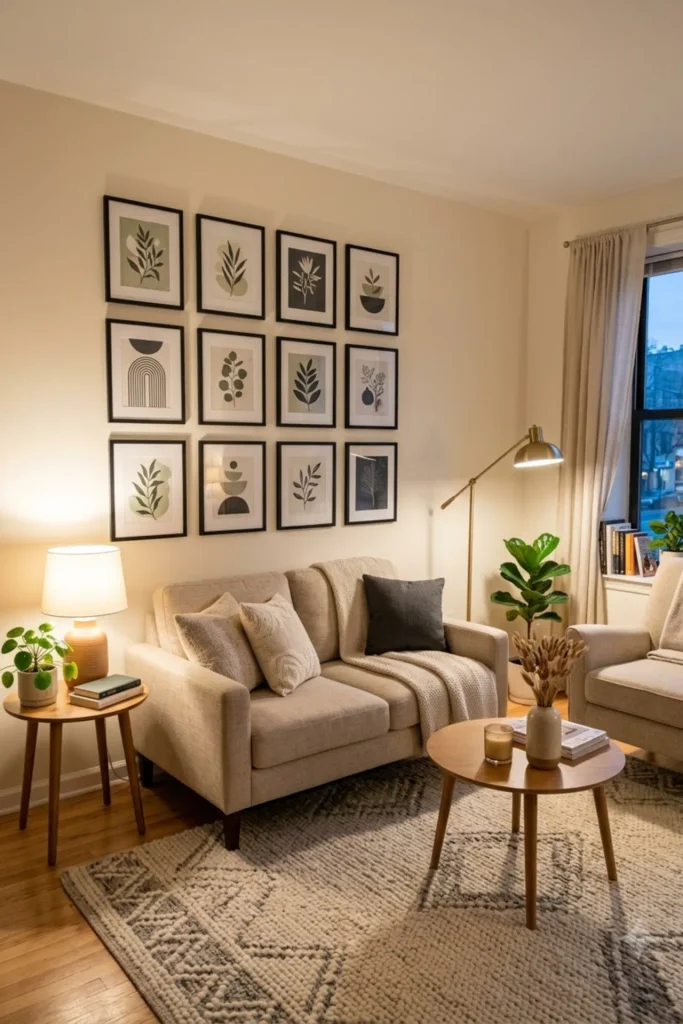 Small apartment gallery wall with matching frames and clean spacing