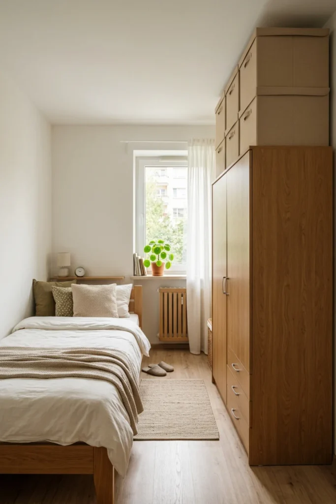 Small apartment wardrobe with matching top boxes for a built-in look
