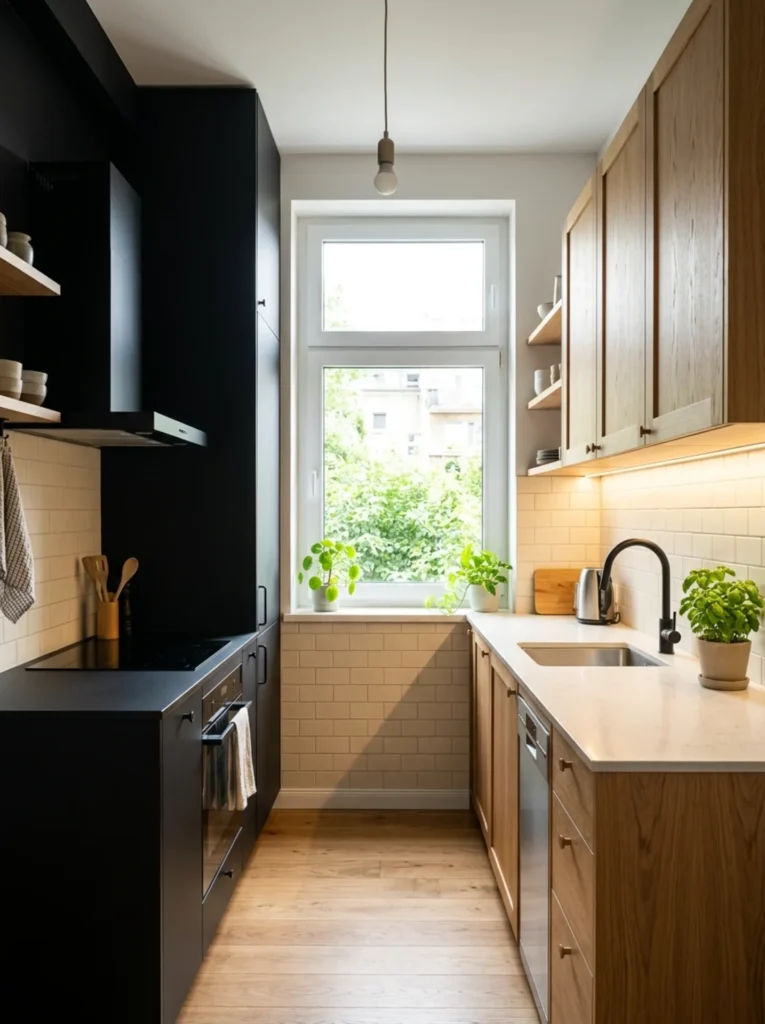 Small white oak kitchen with one matte black cabinet run