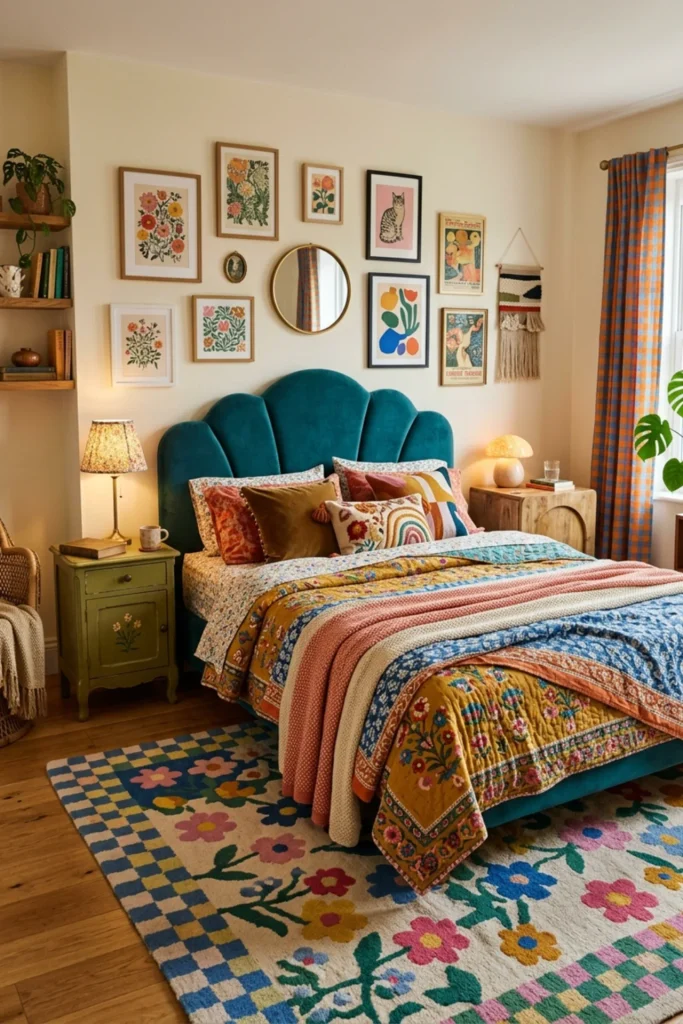 Colorful bedroom with mismatched nightstands in related tones