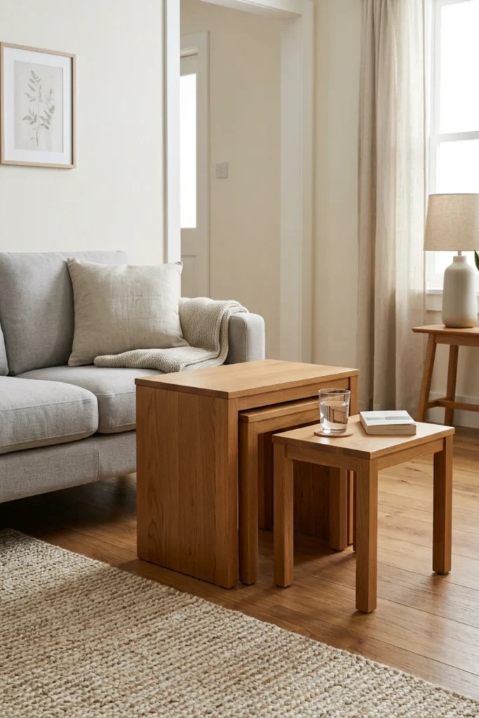 Small apartment using nesting tables for flexible surface space