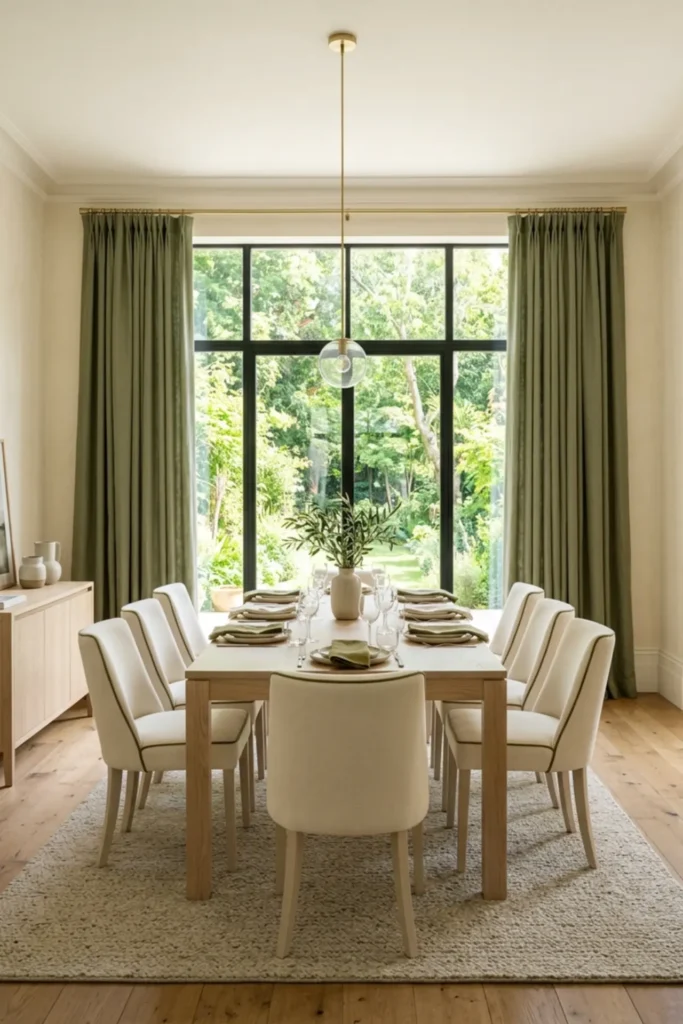 Light-filled dining room with olive green curtains