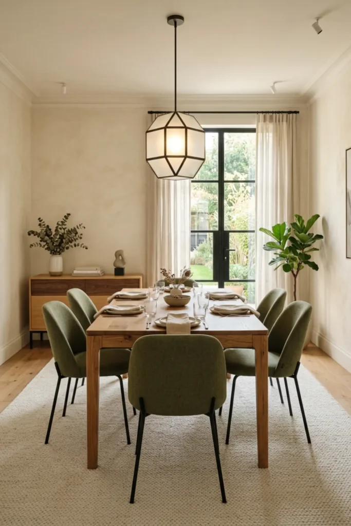 Modern dining room with olive green upholstered chairs