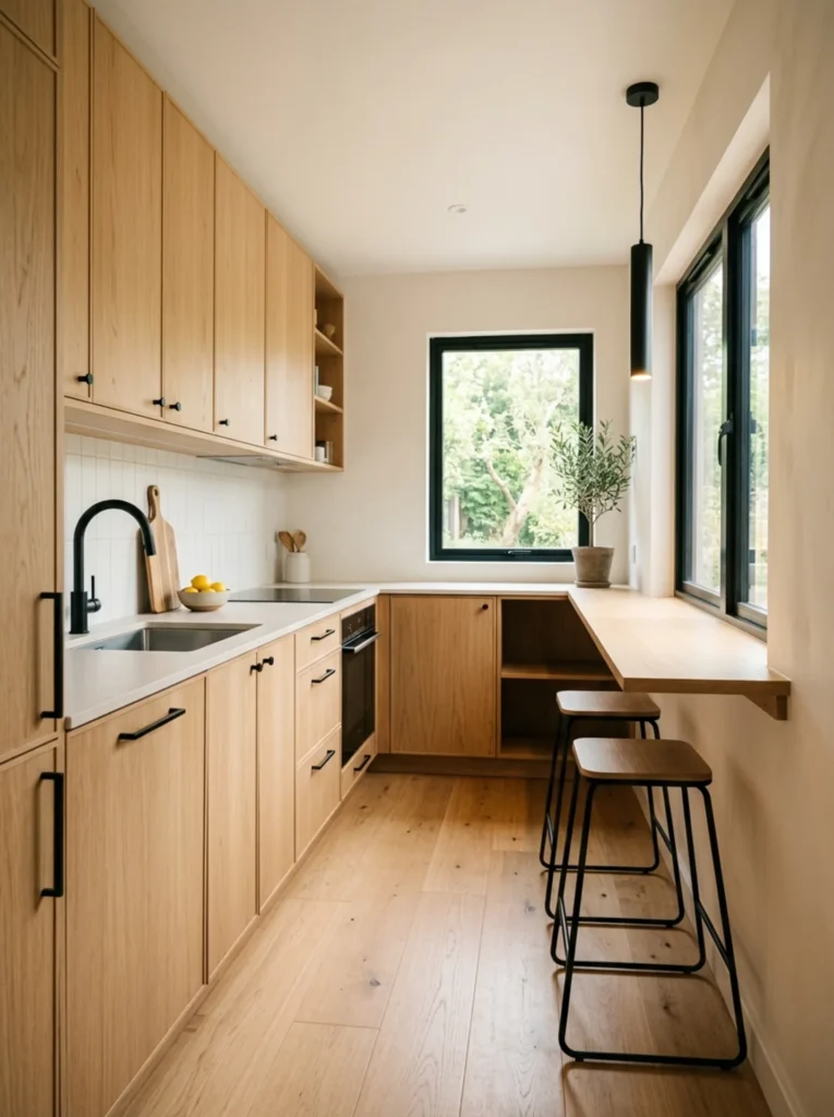 Small white oak kitchen with one black pendant and breakfast ledge