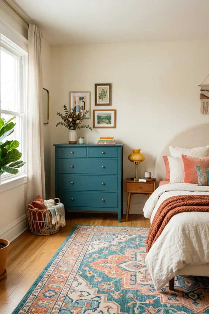 Colorful bedroom with a brightly painted statement dresser