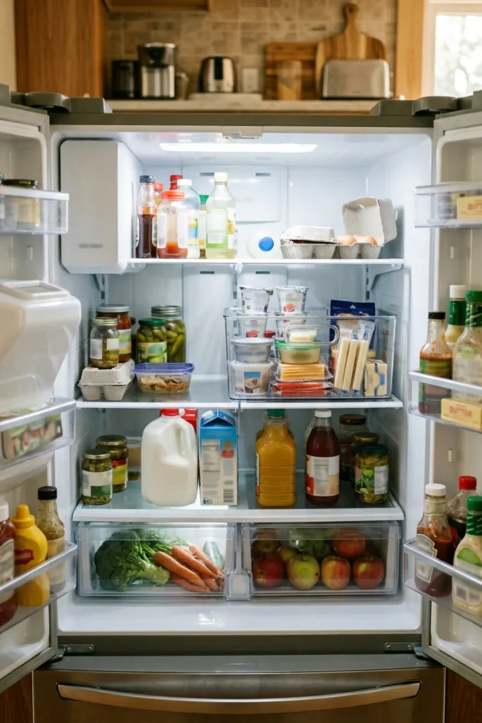 Refrigerator organized with one clear breakfast food bin