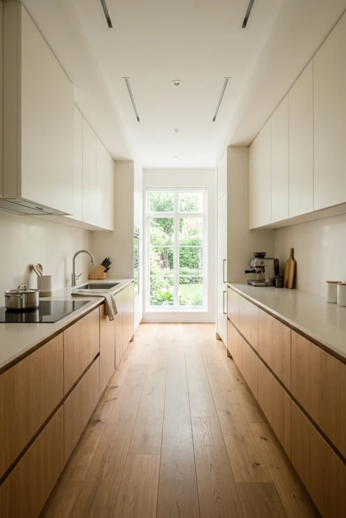 Small galley kitchen with a continuous low-contrast backsplash