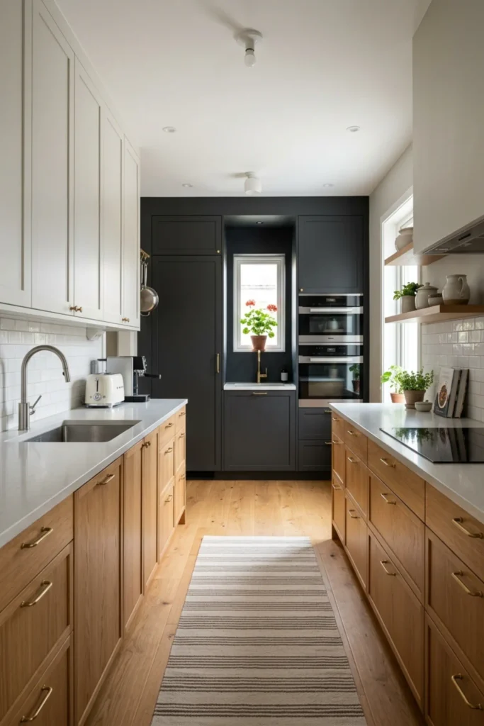 Small galley kitchen with one dark accent at the far end