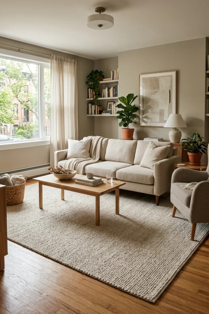 Small apartment living room with one large correctly sized rug