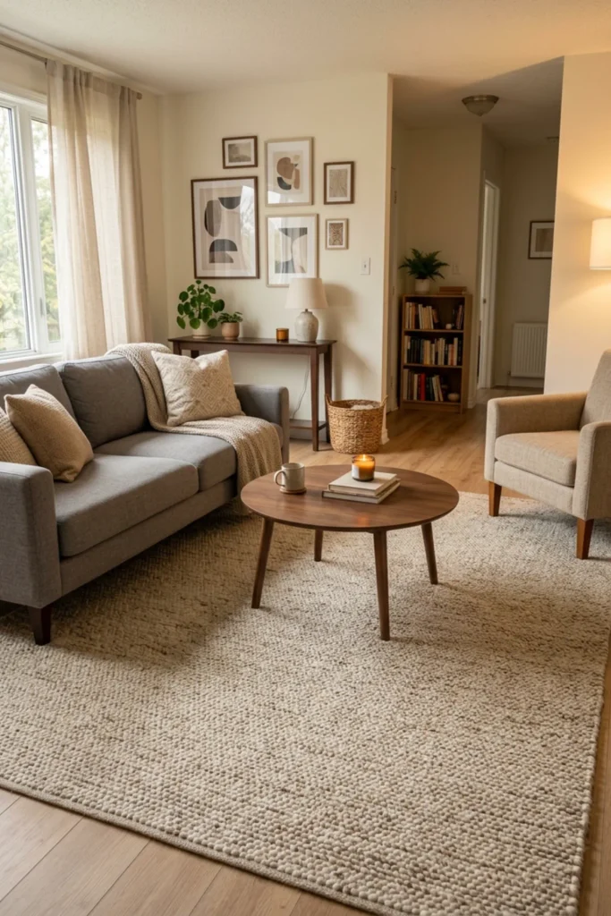 Small rental apartment with a large rug covering basic flooring