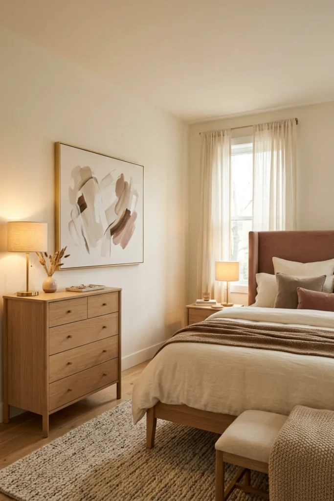 Romantic minimalist bedroom with one soft-toned artwork piece