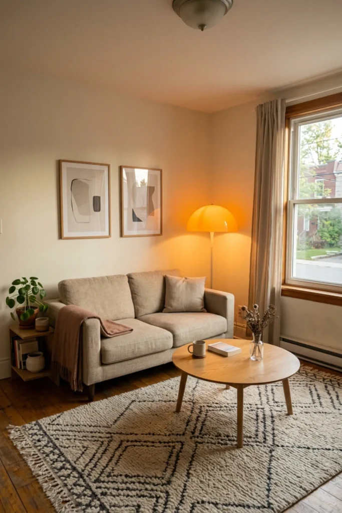 Small apartment with one sculptural lamp as functional decor