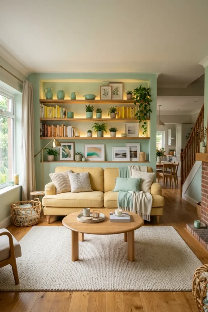 Yellow and mint living room with open styled shelves and warm lighting