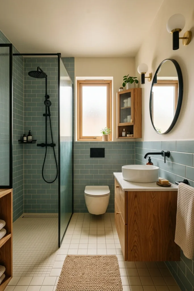 Retro apartment bathroom with one reeded-glass detail