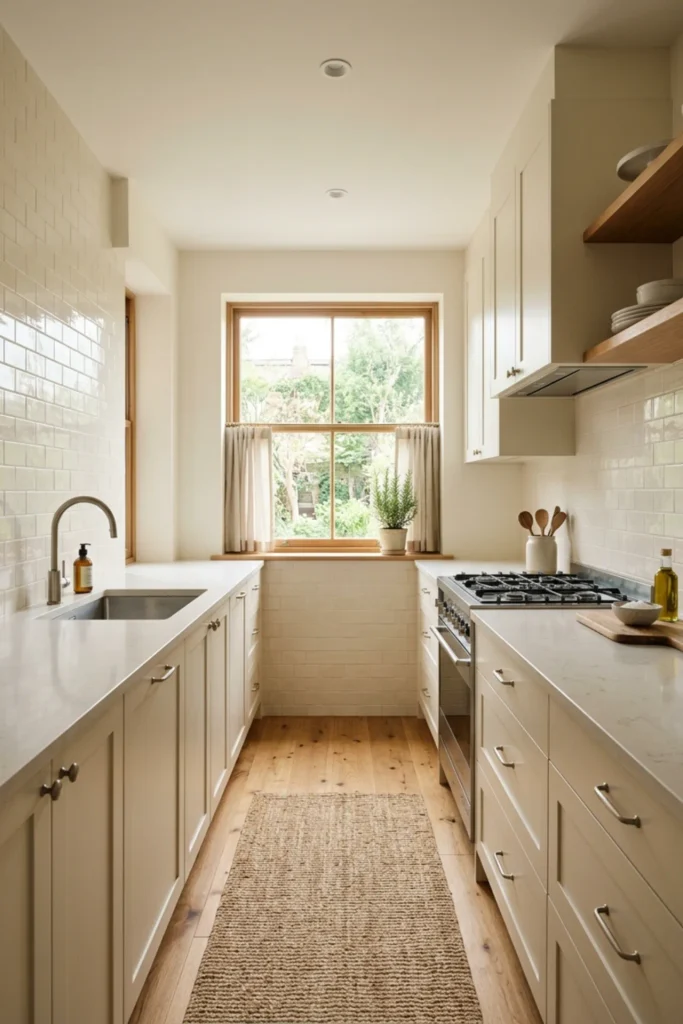 Small galley kitchen with light-reflecting satin backsplash tile