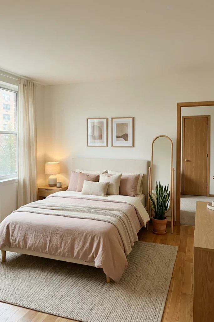 Rental-friendly romantic minimalist small apartment bedroom