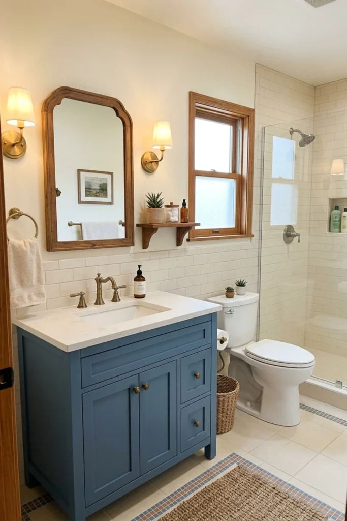Retro bathroom with a painted colorful vanity and warm wood accents