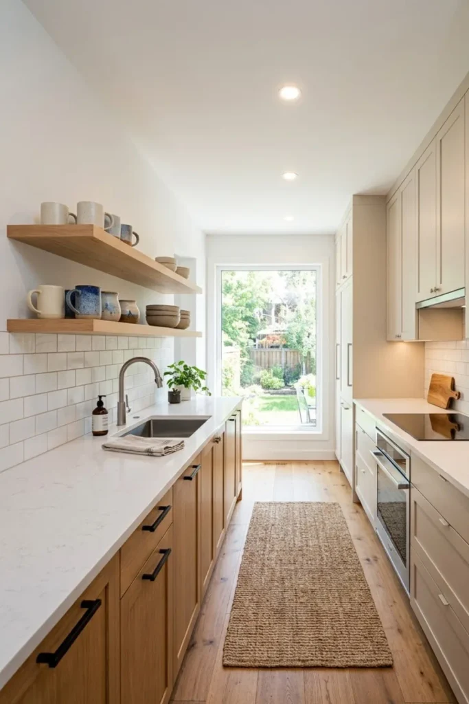 Small galley kitchen with shallow open shelves on one side