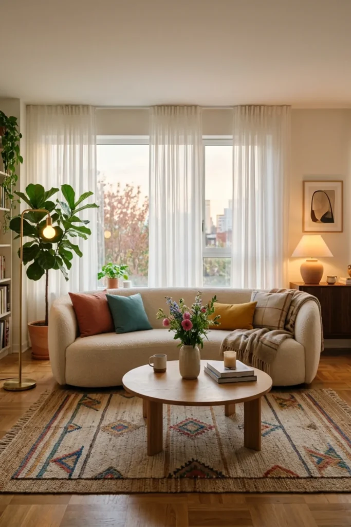 Vibey apartment living room with sheer curtains and soft ambient light