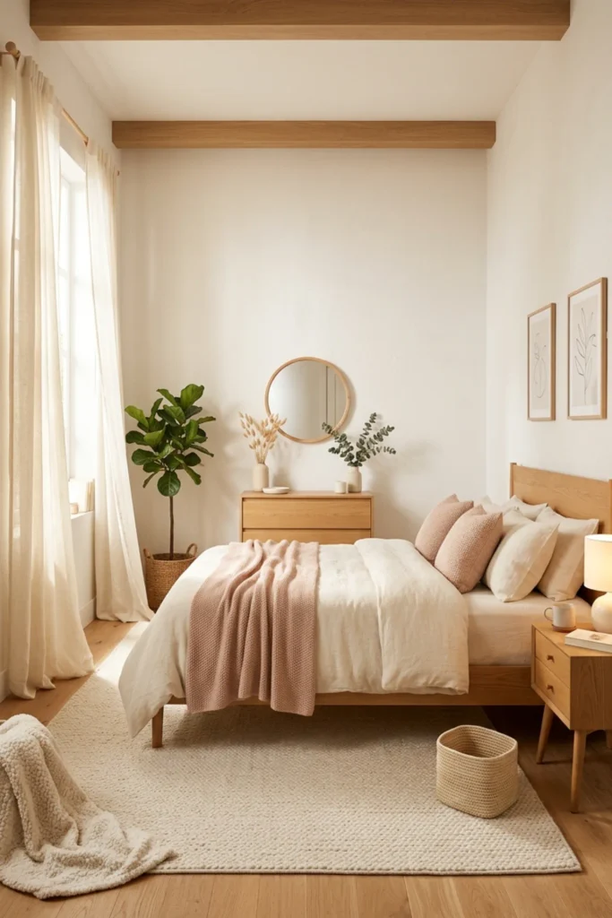 Romantic minimalist bedroom with sheer ivory curtains and soft daylight