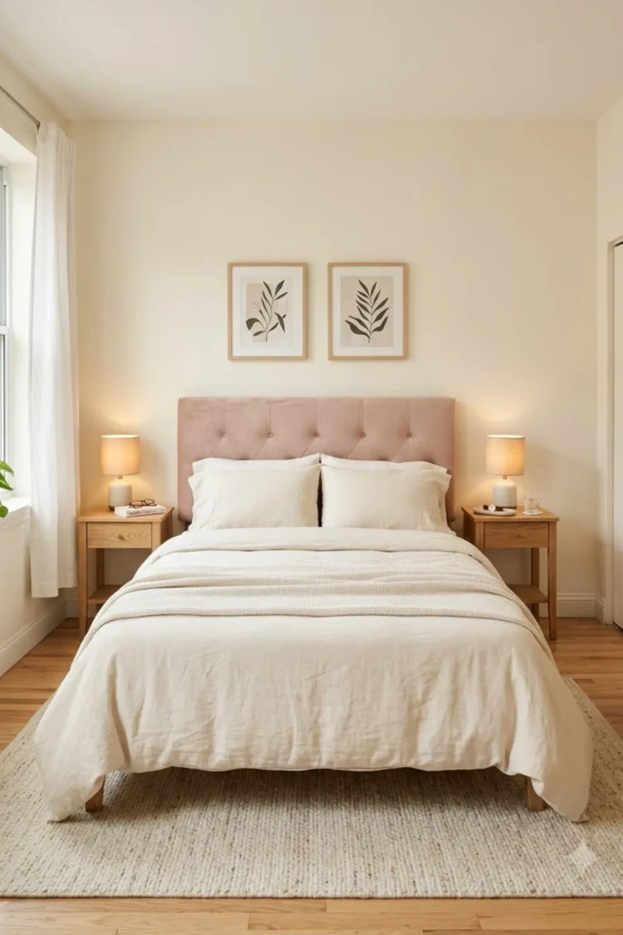 Small romantic bedroom with slim light wood nightstands