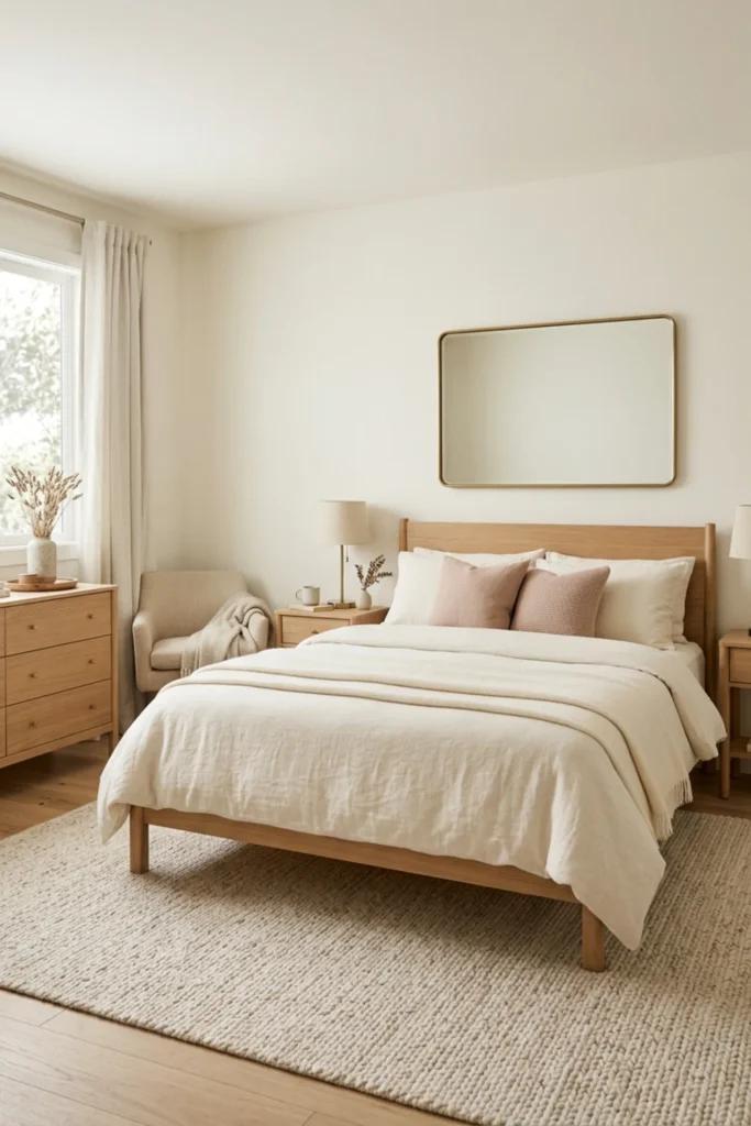 Romantic minimalist bedroom with soft brushed brass accents