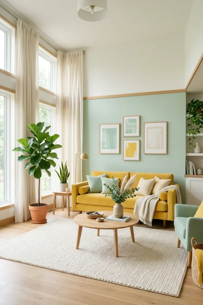 Yellow and mint living room with soft airy curtains and warm decor