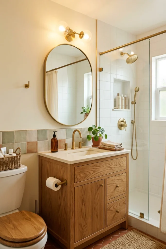 Retro apartment bathroom with a soft pink tiled vanity wall