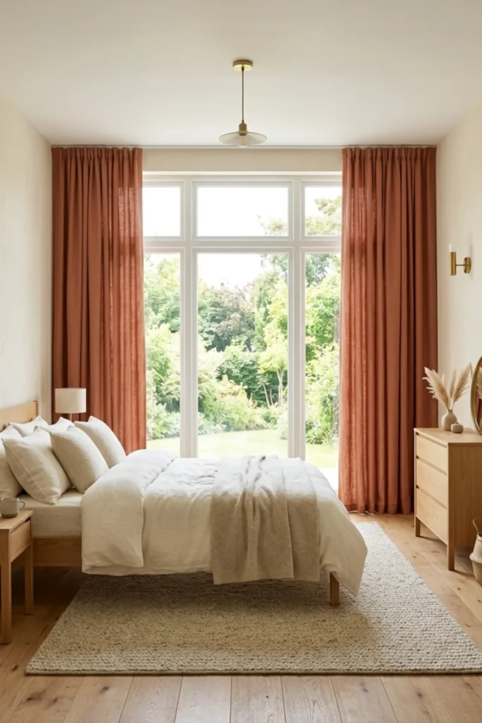 Bright terracotta bedroom with floor-length clay-colored curtains