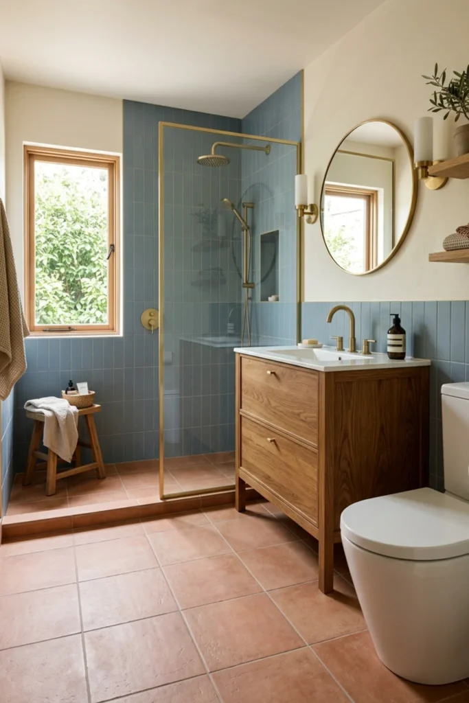 Retro apartment bathroom with terracotta-look floor tile and blue walls