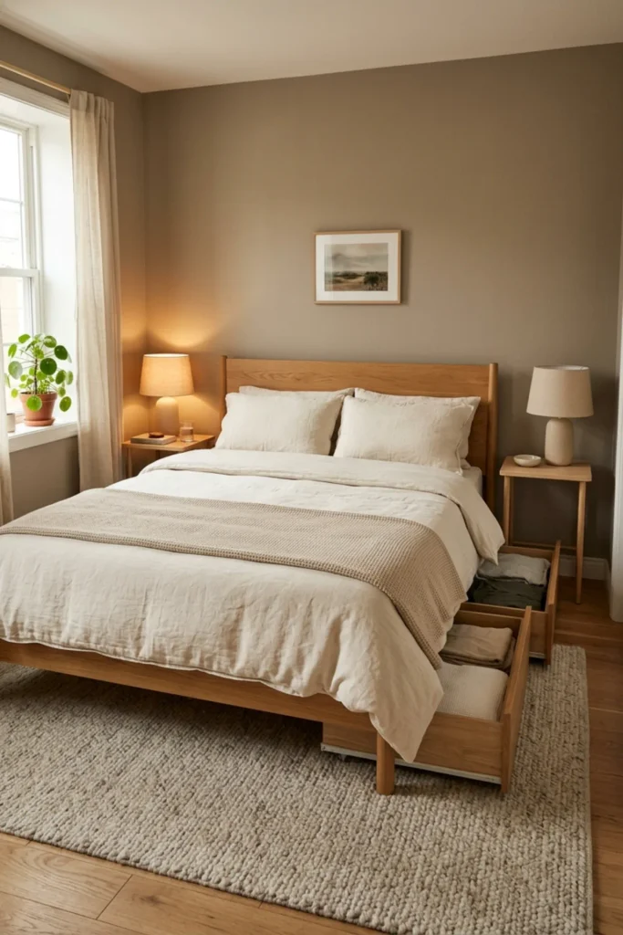 Romantic small apartment bedroom with hidden under-bed storage