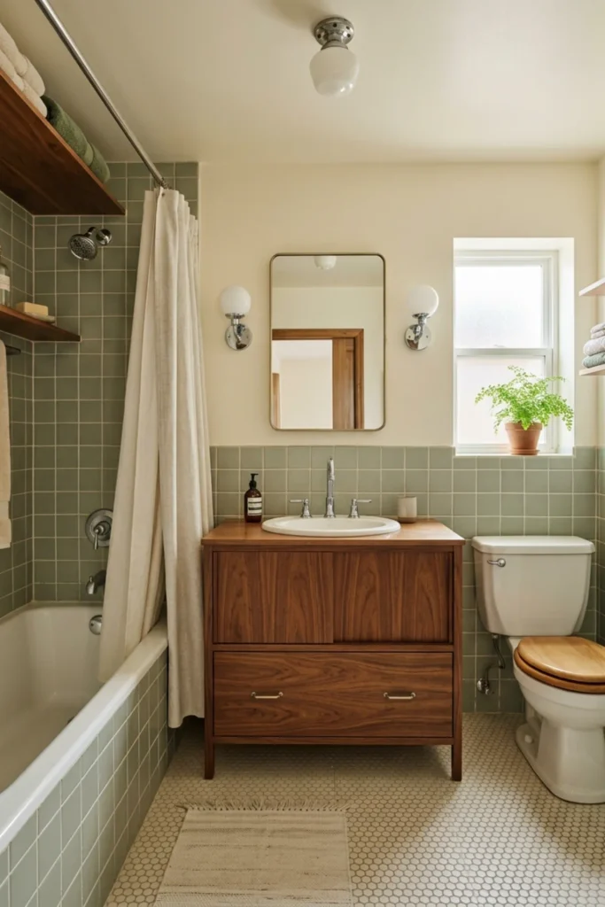 Retro bathroom with restrained warm brass hardware